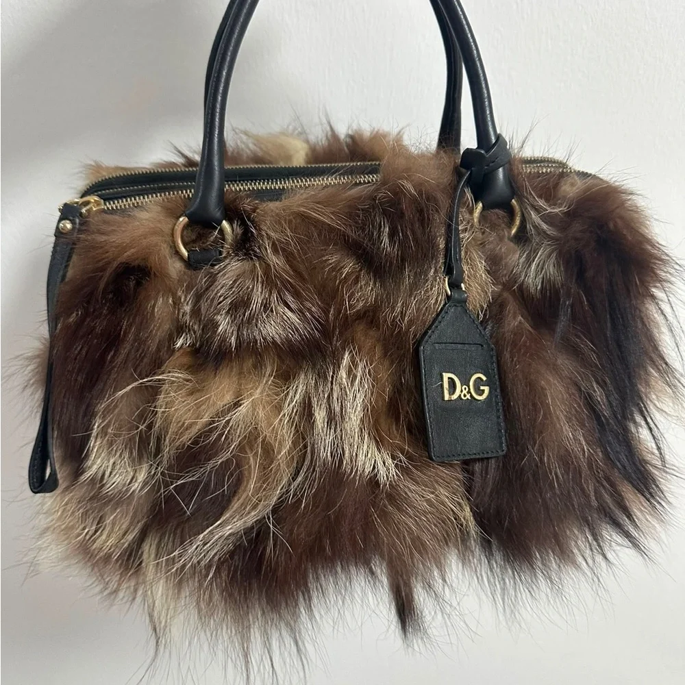 D&G Brown and Black Fur Satchel with Gold Hardware